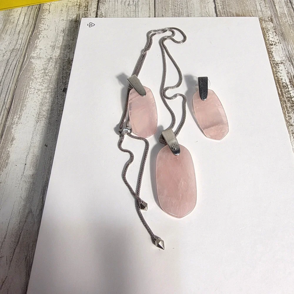 Kendra Scott Rose Quartz Necklace and Earrings Set Silver Rhodium Adjustable - Picture 2 of 6